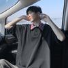 Polo Xadrez com Lapela Camiseta de Manga Curta Masculina Verão Solta Casual Manga Média Retrô Versátil Camiseta de Manga Três Quartos