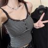 Camisola de Verano a Rayas con Encaje y Botones para Mujer, Todo en Uno Transpirable y Cómodo, Hermoso Top Básico de Espalda con Almohadillas para el Busto