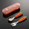 Aien Conjunto de Garfo e Colher de Aço Inoxidável 304 para Crianças Desenho Animado Criativo Cenoura Conjunto de Três Peças Suplemento Alimentar para Bebês Alimentação Refeição