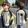 Camiseta de Manga Raglán para Niños, Bloques de Color, Algodón Puro, Manga Larga, Estilo Otoño, Moda Coreana, Corte Holgado, Ropa de Abrigo Elegante