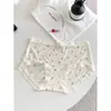 Calcinha feminina estilo coreano, doce, de alta elasticidade, cintura média, com forro estendido de seda antibacteriana, roupa íntima feminina confortável e respirável de seda gelada