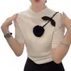 Tricô de Flores Tridimensional de Alta Qualidade, Top Slim de Manga Média, Camisa Intelectual e Versátil para Camadas