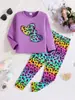 Conjunto Casual de Primavera y Otoño para Niñas: Conjunto de Dos Piezas: Top de Manga Larga con Estampado de Leopardo y Corazones + Pantalones Ajustados con Estampado de Leopardo Arcoíris