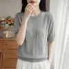 Top de punto simple con cuello redondo y manga corta para mujer, para uso en verano, jacquard calado, tacto de alta gama, camiseta blanca de lino con tacto fresco