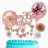 Topper para pastel de feliz cumpleaños color oro rosa transfronterizo, banderín, globo, juego de pentagrama, decoración con polvo de brillantina, 12 piezas