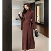 Vestido de Punto de Cuello Alto Color Café Maillard de Moda Transfronterizo Otoño e Invierno Delgado Falda de Cintura Francesa para la Hora del Té