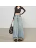 Jeans estiloso estilo americano com patchwork de estampa de leopardo, perna larga, para mulheres, azul claro, cintura alta, corte solto, emagrecedor, calça de comprimento total
