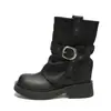 Botas Retro Estilo Maillard 1258-1 para Mulheres, Outono e Inverno, com Detalhes Plissados, Bico Quadrado, Solado Grosso e Fechamento com Fivela, Adequado para Uso em Motocicleta
