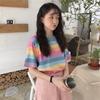 Camiseta de Manga Corta a Rayas Arcoíris para Mujer Verano Holgada Hyun-a ins Estilo Harajuku Hong Kong mschf Top Corto para Comercio Exterior