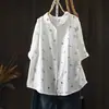 Camisa de gaze de algodão com estampa de bolinhas, manga curta, estilo casual artístico, gola de lapela, abotoamento simples, top casual macio e versátil para mulheres