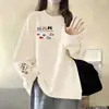 Camiseta de Algodão Puro Estilo Coreano Ins Marca Trendy Gola Redonda Manga Longa para Mulheres Primavera e Outono Nova Solta Estudante Versátil Camisa Base Top