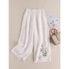 Calça de Linho e Algodão Bordada de Cintura Alta com Pernas Largas, Casual, Emagrecedora, Tamanho Grande, Corte Solto, Primavera e Outono, Transfronteiriça do Sudeste Asiático