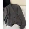 Cardigã de malha 100% lã, macio e confortável, estilo francês, para mulheres, com decote V, bolsos, caimento solto e design espessado para outono e inverno, perfeito como peça de base ou sobreposição.