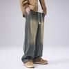 ADD Transfronterizo para Hombre# Jeans Otoño e Invierno Niños Forrados de Felpa Holgados Rectos Pantalones Retro Lavados Overol con Cordón
