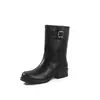 Botas de Caballero de Cuero Genuino Versátiles y de Moda Estilo Coreano 2026 Otoño/Invierno Tacón Medio Grueso Punta Redonda Botines de Cuero Genuino para Ponerse de Tira Tobilleras Mujer