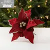 Flor de Navidad Nueva Transfronteriza 26 cm Terciopelo Borgoña Flor de Navidad Simulada Guirnalda de Hojas Colgante de Decoración DIY