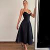 Vestido Largo de Tirantes con Cuello en V Sexy para Mujer, Estilo Francés Transfronterizo, Nuevo Verano 2024, Negro sin Espalda
