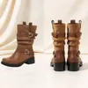 Stock de Fábrica Botas Slouch de Punta Redonda sin Cierre para Mujer Botas Slouch de Doble Hebilla de Cuero Tacón Grueso Botas Vaqueras Patchwork Botas de Invierno para Mujer