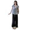 Conjunto Maternidade em Estoque Versão Coreana Falso 2 Peças Azul Babydoll Camisa Blusa Gola V Calça Wide-Leg Conjunto Maternidade