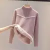 Suéter de Lã Peça Única Feminino Outono/Inverno Feminino Gola Semi-Alta Veludo Adicionado Camada Base de Tricô Roupa Íntima Top Quente Grosso