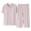 Pijama com Bojo para Mulheres, Conjunto de Calça Cropped de Manga Curta para Verão, Gola Redonda em Modal, Tamanho Grande, Doce e Pode Ser Usado Fora de Casa como Roupa de Casa