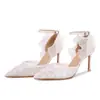 Sandalias de Tacón Alto, Zapatos Blancos de Boda, Adornos Florales Bordados a Mano, Tela de Malla, Tacones Finos, Zapatos de Mujer con una Sola Correa, Zapatos de Boda