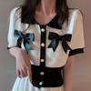 Top de punto de seda helada de manga corta fina, diseño vintage, lazo, contraste de perlas, cintura alta, chaqueta estilo Chanel para verano