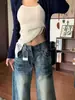 Calça Jeans Wide Leg Flare Cortada a Tesoura Cintura Baixa Estilo Retrô Americano Feminina Outono Novo Estilo Emagrecedora Solta Comprimento Total Longa