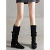 Versátil~ Botas de Mujer Retro de Gamuza por Encima de la Rodilla 2025 Nuevo Estilo Hebilla de Cinturón Tacón Medio de 4.5cm Botas Vaqueras