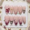 Bestseller transfronterizo: Uñas postizas hechas a mano de 30 piezas con estampado de leopardo y adornos de estrella de diamante franceses en rosa nude y rojo rosa con diseño floral
