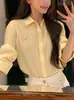 Camisa a Rayas Bordada de Lino Lyocell Pusumed para Mujer, Estilo Atrevido, Corte Holgado, Manga Larga, Cuello de Solapa