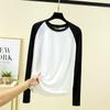 2024 Camiseta de manga comprida de manga comprida de manga raglan de cor contrastante retrô retrô americana feminina primavera e verão camisa de emagrecimento solta