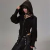 Chaqueta de retazos con cinturón estilo postapocalíptico para mujer, nicho de subcultura punk, con botones, para atar, manga abullonada, con capucha, cárdigan corto