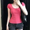 Top Adorablemente Puro de Manga Corta con Botones y Cuello en U, Camiseta Ajustada Acanalada Elástica Corta que Muestra la Cintura para Mujer, Suministro Transfronterizo