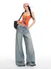 Yechuan # Jeans de Pierna Ancha Estilo Americano Azul Claro High-Street para Mujer, Pantalones Sueltos con Caída Vintage Lavados de Cintura Alta hasta el Suelo.