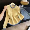 Suéter de punto con bloques de color estilo coreano, cuello medio abierto, nuevo top de punto suave con mangas raglán para mujer, primavera/otoño 2026