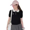 Camiseta de punto bordada estilo francés con cuello polo negro tipo universitario para mujer, top de verano retro con bloques de color y cuello de muñeca de manga corta