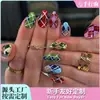 Puntas de uñas hechas a medida, superventas transfronterizas, arte retro, con patrón de diamantes de colores, color contrastante, forma de almendra, 30 piezas para arte de uñas y uso