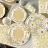 Amarillo Primavera Margarita Floral Vajilla Desechable Platos de Cena Platos de Papel Vasos de Papel Servilletas de Papel Cuchillo Tenedor Cuchara Mantel Set de Fiesta