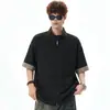 Camisa de Manga Corta con Cuello Alto Estilo Old Money para Hombre, Conjunto de Dos Piezas Veraniego Empalmado Cardigan a Cuadros High Street Americano, Top Talla Grande