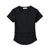 Camiseta feminina estilo americano retrô com decote em V e manga curta, nova blusa curta slim com umbigo e costas nuas, estilo americano, verão 2024