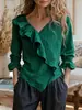 Nuevo Top Casual Holgado de Algodón y Lino con Cuello en V de Manga Larga de Color Sólido para Mujer, Comercio Exterior Transfronterizo Amazon 2026