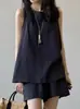 Conjunto de shorts de lino para mujer, moda de verano, elegante, top sin mangas de espalda descubierta, pantalones casuales de pierna ancha, conjunto de dos piezas para mujeres petite
