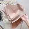 Suéter de punto de seda helada de manga corta para mujer, estilo coreano, con diseño de clavícula y cordón ajustable en la cintura, cuello en V, para verano.