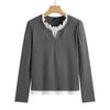 Top de Algodón para Mujer de Manga Larga, Estilo Coreano, Bloque de Color, Cuello en V, Falso Dos Piezas, Ajustado, Corto, Modelo Versátil, Otoño 2026