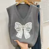 Colete Tricotado com Laço para Mulheres no Outono Estilo Gola V Suéter Colete Camada para Mulheres