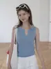 Chaleco de Punto Azul Estilo Francés para Mujer, Ropa de Exterior de Verano, Diseño Elegante y Único, Corte Ajustado, Cuello en V Irregular, Top sin Mangas