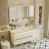 Gabinete de baño con lavabo integrado de piedra chapado en oro de lujo ligero estilo italiano, juego de tocador para baño