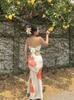 Nuevo Vestido Largo Sexy Floral sin Espalda Bikini de Dos Piezas Bandeau Floral Estampado Vietnamita de Nicho para Mujer