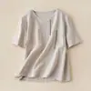 Blusa de algodão e linho estilo chinês, design vintage novo, corte solto, verão, gola redonda, manga curta bordada, feminina, respirável, bordada, versátil, casual